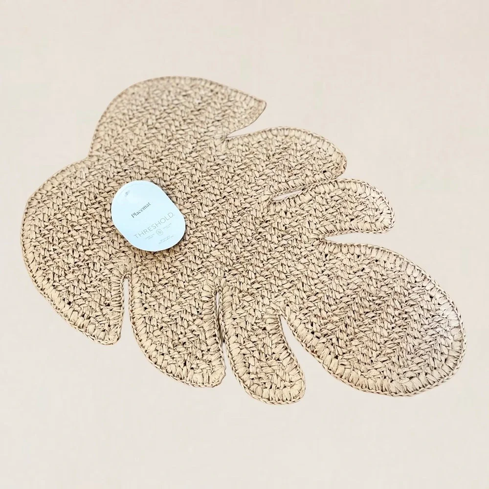 Threshold Set of 4 Natural Woven Monstera Leaf Placemats Tan Tropical Boho NEW